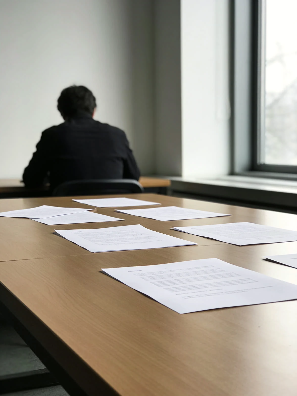 Unterlagen auf einem Tisch am Fenster, eine Person davor
