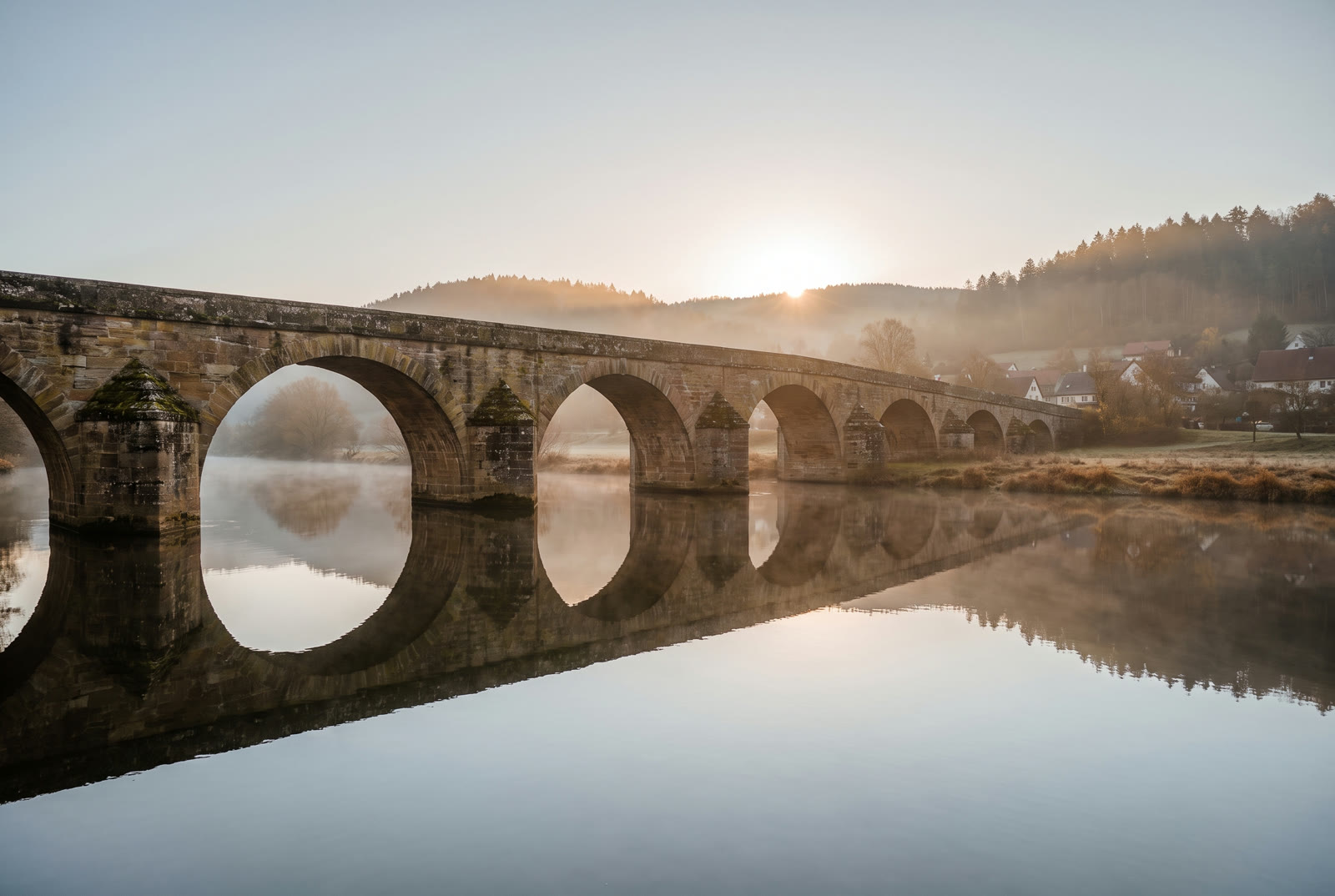 Eine alte Steinbrücke spiegelt sich bei Sonnenaufgang im Fluss