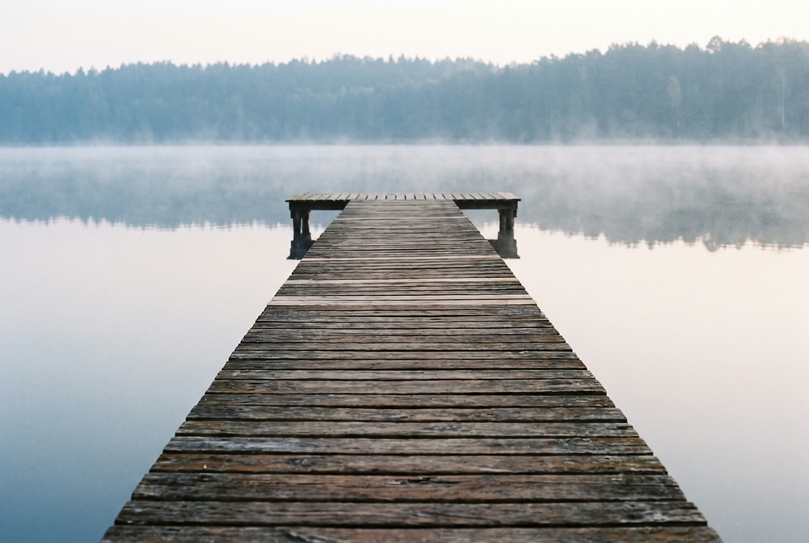 Ein Holzsteg führt auf einen stillen See im Morgennebel