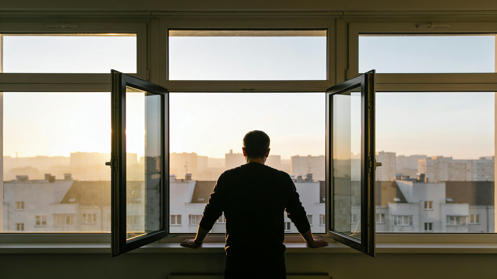 Blick aus einem Fenster über die Dächer am Morgen