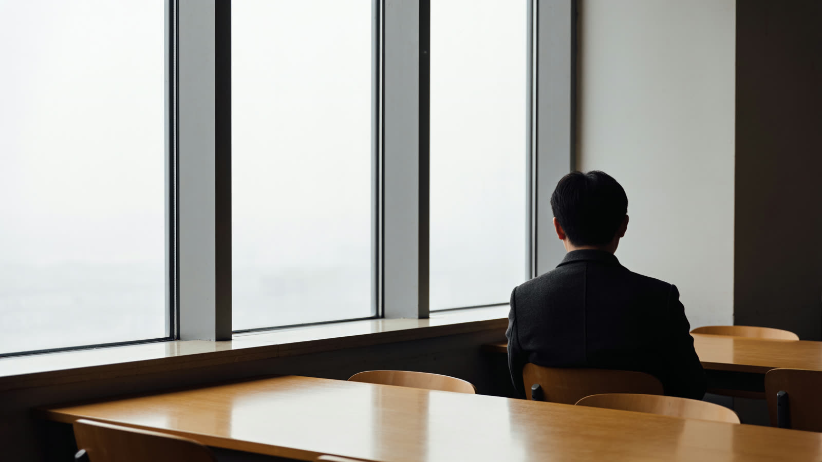 Eine Person sitzt allein an einem Tisch am Fenster
